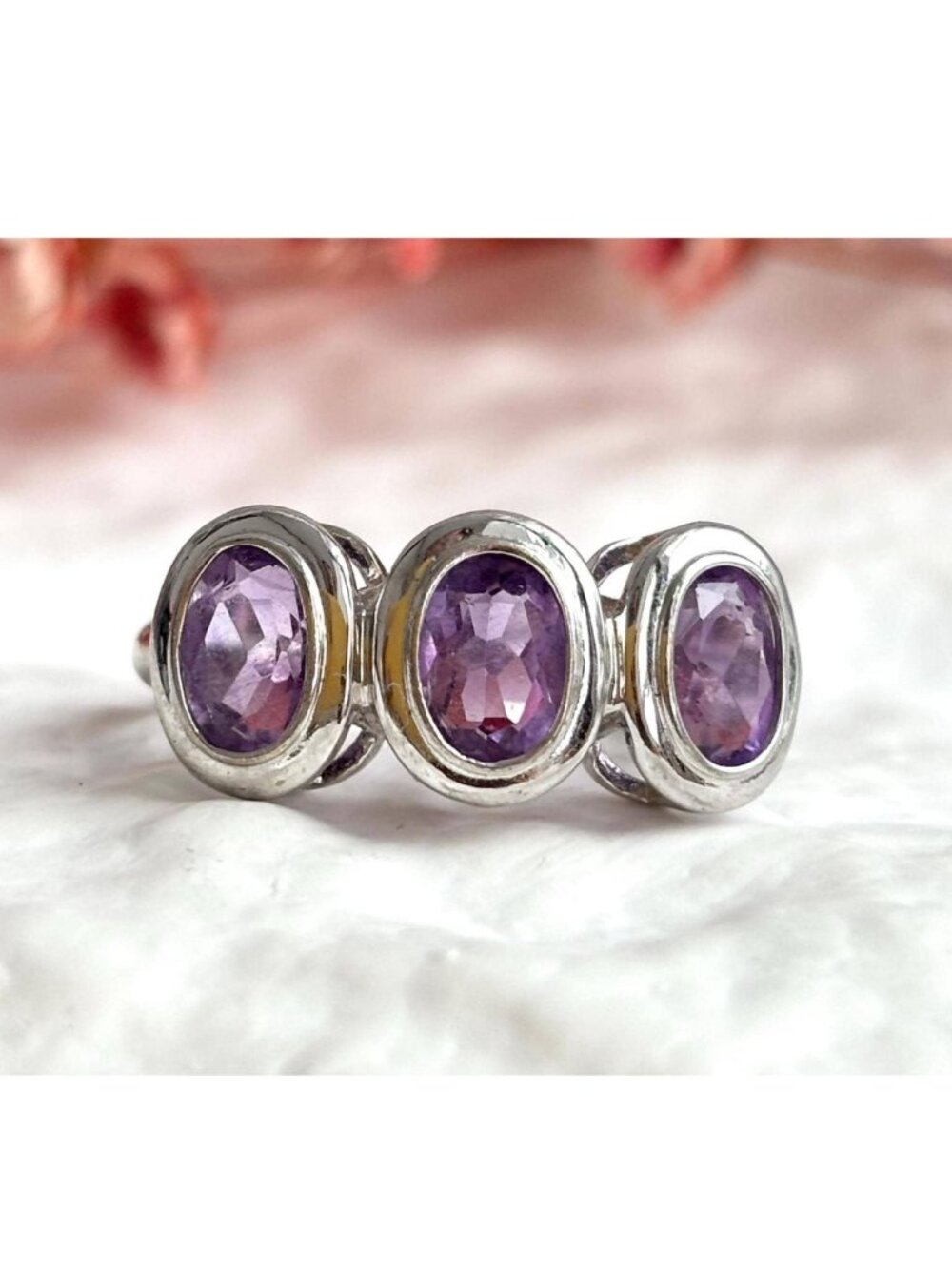 Triple Amethyst Gemstone Minimalist Sterling Silver 925 Vintage Ring - sz 8